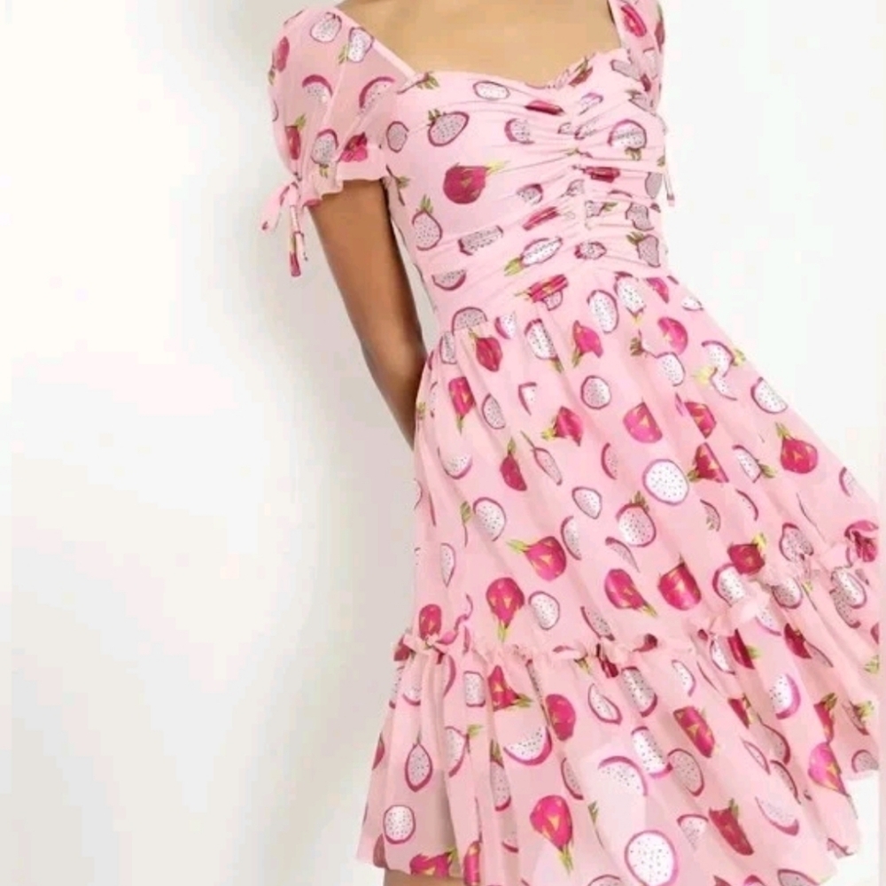 BlackMilk Dragon Fruit Tea Party Mini Dress L Pink Metallic Fairy Kei Kawaii